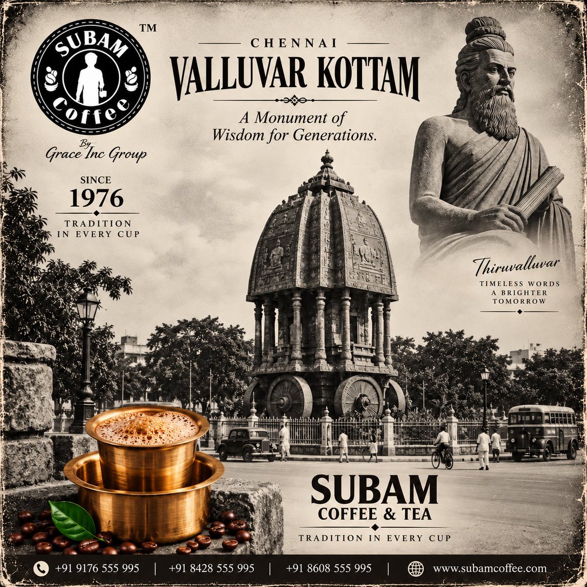SubamCoffee's tweet photo. Valluvar Kottam — A Monument of Wisdom for Generations.
☕ Subam Coffee &amp; Tea
 Tradition in Every Cup
📞 +91 9176 555 995 | +91 8428 555 995 | +91 8608 555 995
🌐 https://t.co/WXJkFAjbSy

#ValluvarKottam #Thiruvalluvar #Chennai https://t.co/SeNlkdiTqx