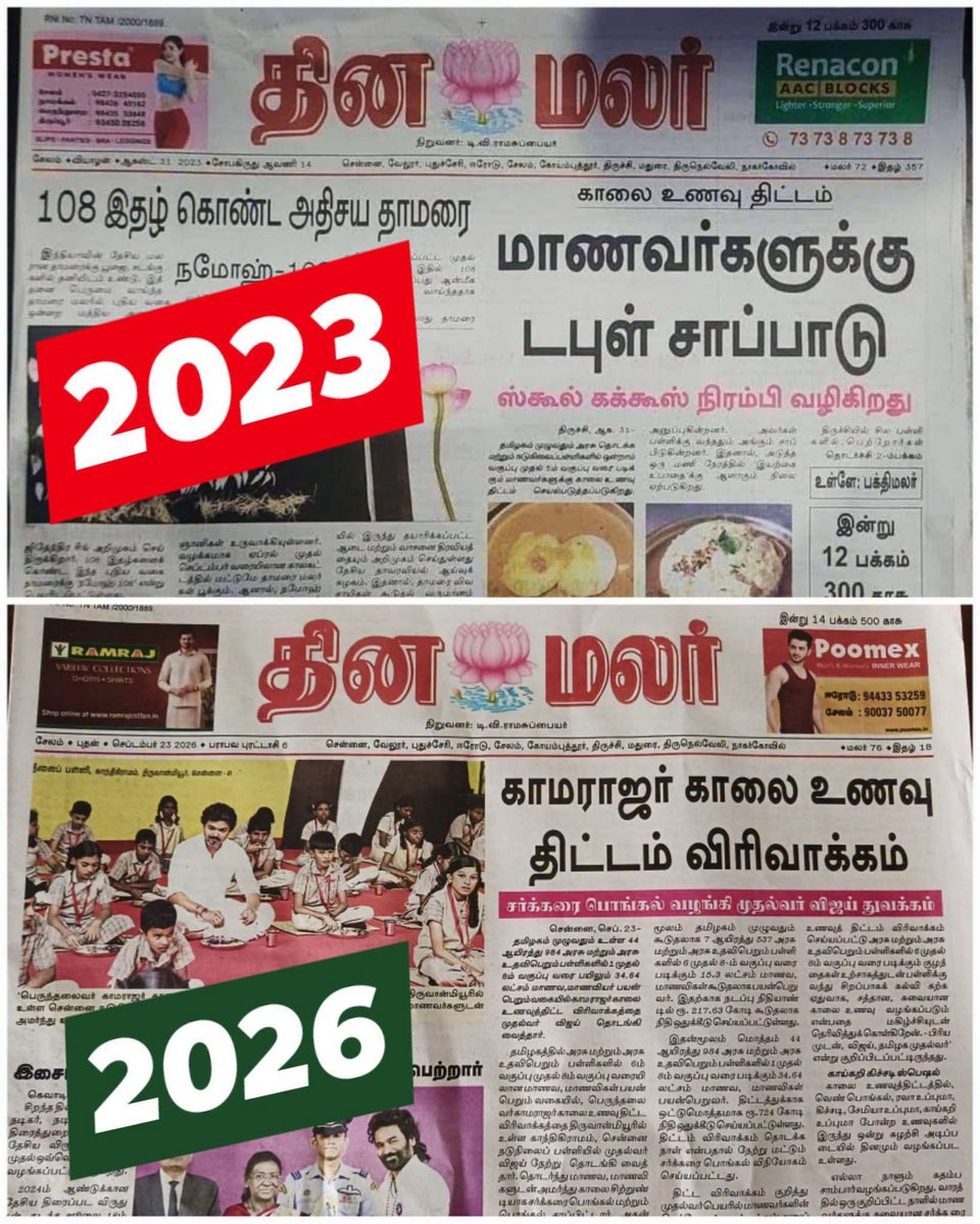 shanmugamchin10's tweet photo. அன்று திமுக ஆட்சியில் @mkstalin அவர்கள் 1 முதல் 5 வரையான வகுப்புகளுக்கு...
"முதலமைச்சர் காலை உணவு திட்டத்தை" 
உலகிலேயே முதன் முறையாக தொடங்கி வைத்தபோது...

//ஸ்கூல் கக்கூஸ் நிரம்பி வழிகிறது//

என்று வாயிலும் வயிற்றிலும் அடித்துக்கொண்டு அசிங்கமாக ஒப்பாரி வைத்த சங்கி நாளிதழ்...

இன்று....
அதே ஸ்டாலினின் திட்டத்துக்கு...
காமராஜர் பெயரை ஸ்டிக்கர் ஒட்டி 
8வது வரை விஜய் விரிவு படுத்திய போது க.க்கூஸ்க்கு பதில் சர்க்கரை பொங்கல் என்று எவ்வளவு இனிப்பாக செய்தியை எழுதி உள்ளதை நன்றாக பாருங்கள் சகோ.

பாஜகவின் பினாமி ஆட்சிதான் தவெக ஆட்சி...
பாஜகவும் தவெகவும் ஒரே ஓனரின் கீழே செயல்படும் இரண்டு கட்சிகள்தான்...
என்பதற்கான பல சான்றுகளில் இதுவும் ஒன்று.