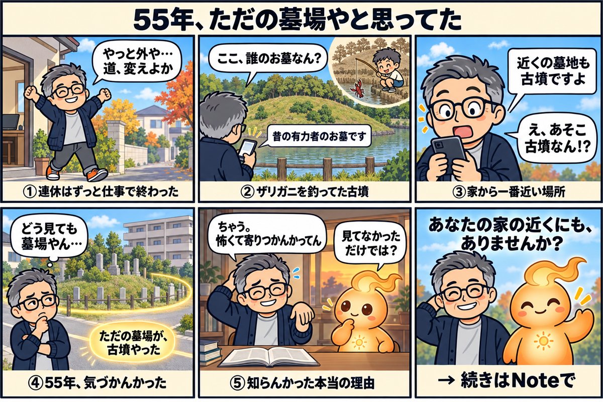 coboost8523's tweet photo. シルバーウィークは、ずっとシステムのテスト対応でした。
連休最終日、やっと散歩に出て、ポケットのChatGPTに近所の古墳のことを聞いてみたんです。

そしたら、家から一番近い、ただの墓場やと思ってた場所が、古墳でした。

55年、気づかんかった。
気づかんかった理由は、ちょっと恥ずかしいやつです。

記事リンクは1つ目の返信に置いています。

#AI活用 #古墳