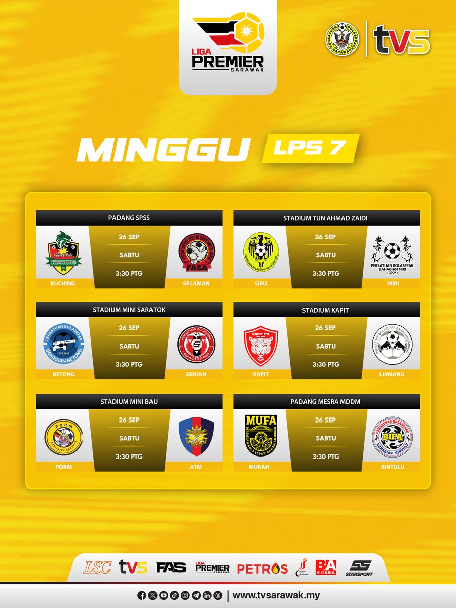 fa__sarawak's tweet photo. LIGA PREMIER SARAWAK 2026 MINGGU KE-7

Minggu ini, Liga Premier Sarawak 2026 kembali lagi! Saingan Minggu Ke-7 bakal berlangsung pada 26 September 2026, menjanjikan aksi sengit antara pasukan-pasukan terbaik dari seluruh Sarawak.

14 Pasukan. Satu Impian. Satu Juara! https://t.co/DOfsjp1Qco