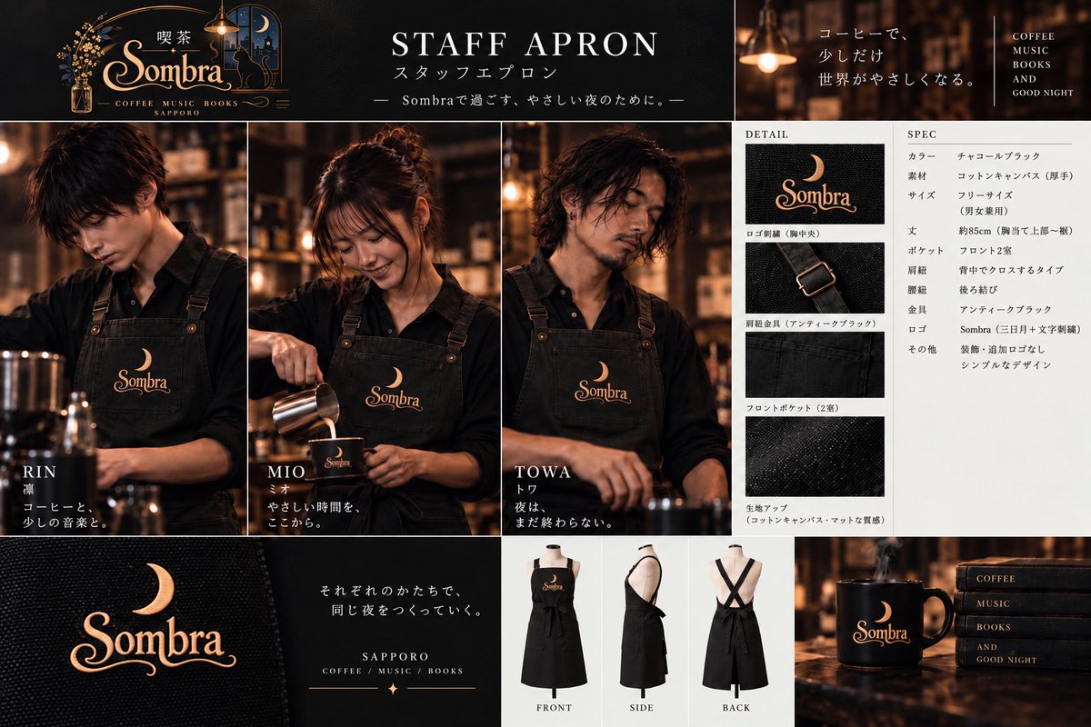 4AMChickProject's tweet photo. 架空の喫茶店「Sombra」のスタッフエプロンを本気でデザインしてみました☕️🌙

チャコールブラックの生地に、三日月＋Sombraの刺繍。
腰紐は後ろ結びで統一。
凛、ミオ、TOWAの3人が同じエプロンで働きます。

……架空の制服なのに、作っていたら普通に実物が欲しくなってきた😂

いつか本当に、このエプロンを着てSombra HOUSE BLENDを淹れる日が来たら面白い。

夜の余白に、もう一杯。

#4AMChick #喫茶Sombra #生成AI #AI創作 #架空店舗 #Sapporo