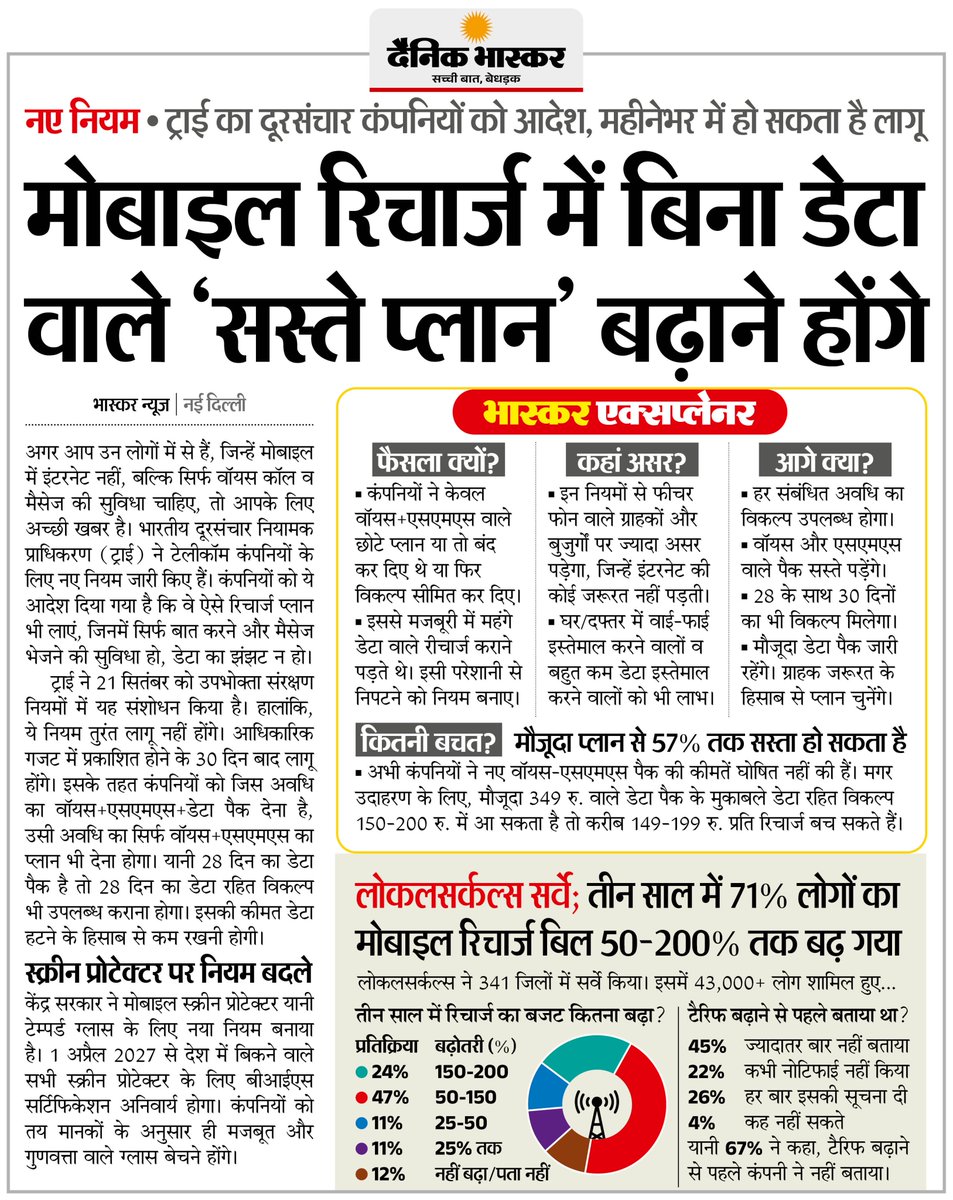 DainikBhaskar's tweet photo. TRAI ने कहा- टेलीकॉम कंपनियां बिना डेटा वाले सस्ते रीचार्ज प्लान बढ़ाएं... नए नियम महीनेभर में हो सकते हैं लागू
#TRAI #Telecom #Jio #Airtel #MobileRecharge

अधिक खबरें और ई-पेपर पढ़ने के लिए दैनिक भास्कर एप इंस्टॉल करें - https://t.co/uXrhGptKBM https://t.co/4lsbKRt5RE