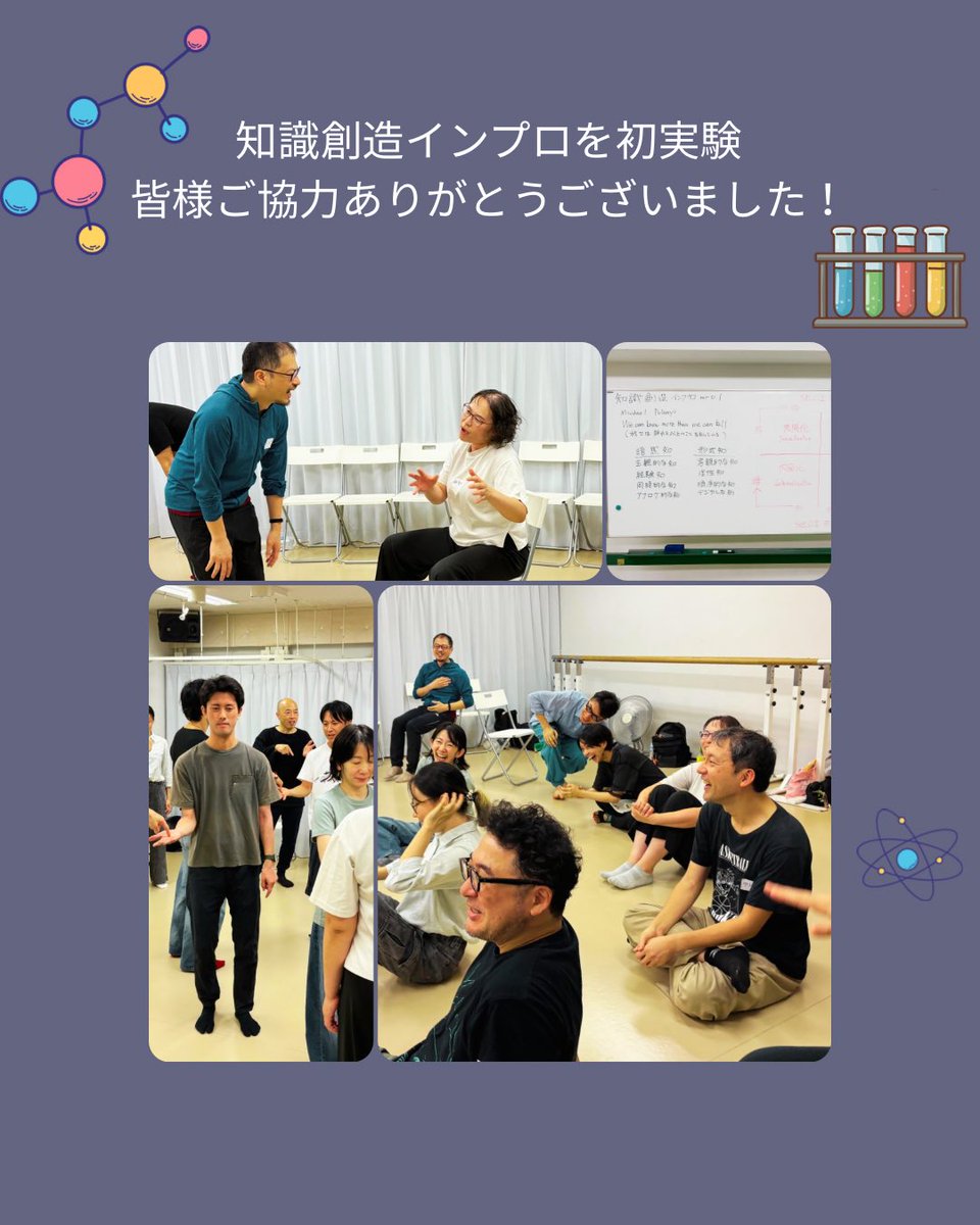 improjobans's tweet photo. 25周年記念即興実験学校フェスが9/21に開催！台風25号の中ご参加いただいた皆様ありがとうございました🙏
WS0〜5、セレモニー、参加者ショー、メンバーショーと盛りだくさんの一日に。
誠に僭越ながら「知識創造インプロラボ」も実験させていただきました。
#即興演劇 #インプロ  #知識創造インプロ https://t.co/01VABiTSpJ