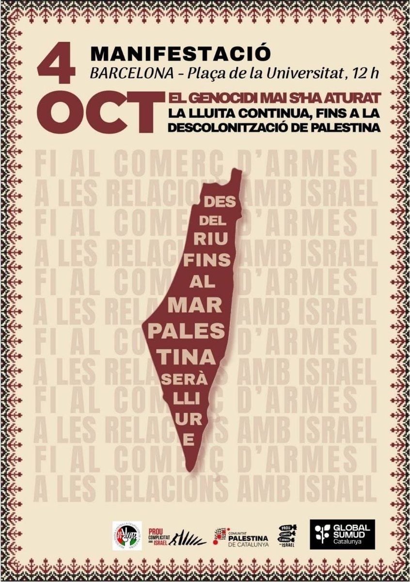 trocasec's tweet photo. 🛑 EL GENOCIDI MAI S'HA ATURAT i la lluita continua fins a la descolonització de tota PALESTINA 🇵🇸
 7⃣8⃣ anys de colonialisme i neteja ètnica
3⃣ anys d'intencificació del genocidi. 

Continuem exigint:

❌ Fi al comerç d'armes amb lsrael
❌ Tall de relacions amb l'estat genocida https://t.co/7d6BqfgKa8