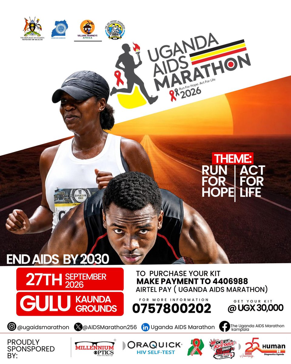 aidscommission's tweet photo. 📣NEXT STOP 🛑: GULU CITY📣

The marathon continues. The people of Gulu City, join us as we run for hope!

📍Location/Starting point: Kaunda Grounds
📆 Date: 27th September 2026

More details in the poster below 👇🏾 

#EndAIDS2030Ug 
#RunforHopeActforLife https://t.co/BfMRIv9hk9