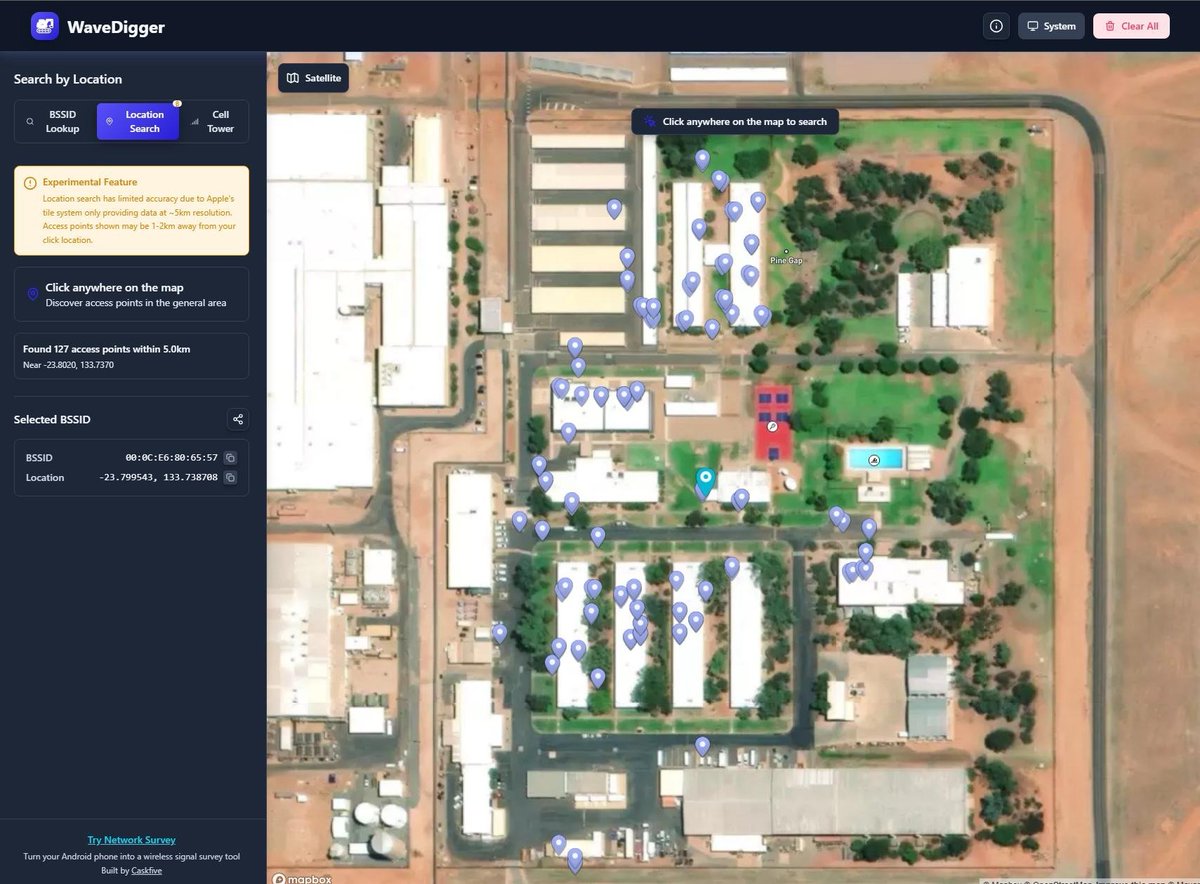 foilmanhacks's tweet photo. Using Apple's Corelocation you can identify network devices in areas where Wigle simply doesn't have coverage.

This is Pine Gap, a joint Australian and United States satellite communications and signals intelligence surveillance base.

You cannot get within 25KM before getting stopped.

Using Apple's own infrastructure you can map out the location of over 140 Fortinet devices on the base.