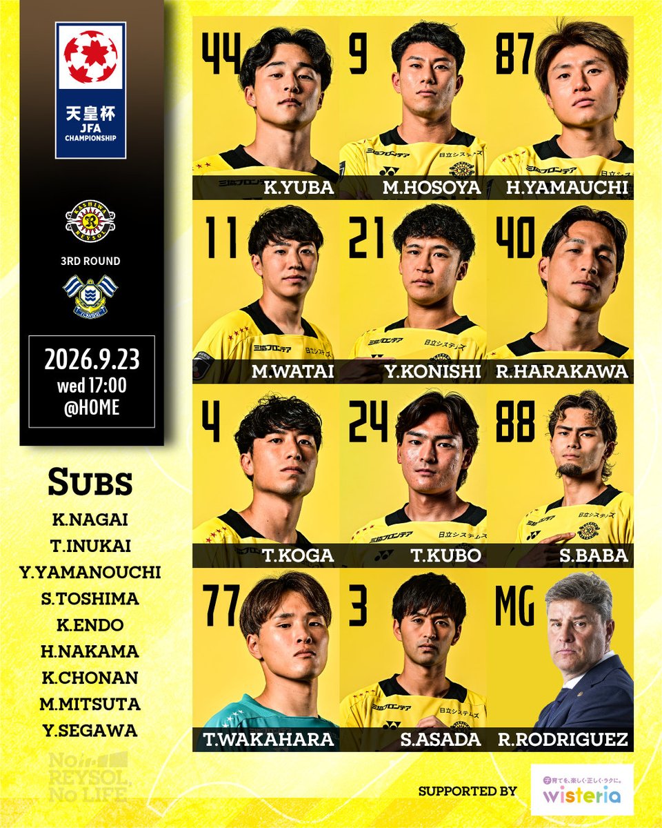 REYSOL_Official's tweet photo. 🟡STARTING LINEUP⚫️

🏆天皇杯 JFA 第106回全日本サッカー選手権大会 3回戦
🗓09/23 17:00KO
🆚#柏レイソル × FC今治 https://t.co/KTkcwgWHpb