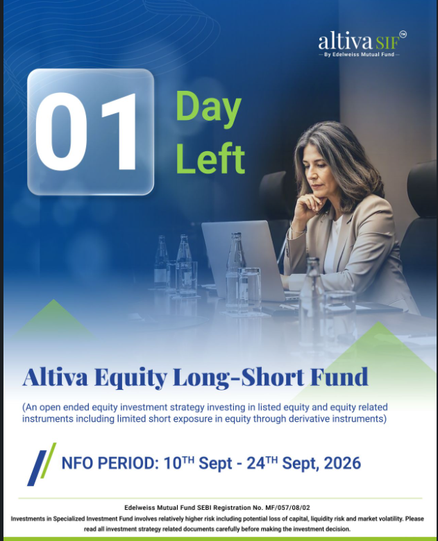 sif360official's tweet photo. 1 Day Left!
The NFO for Altiva Equity Long-Short Fund closes tomorrow, 24th September 2026.
Learn More - https://t.co/6oC2OVHevk
Investors considering the strategy can evaluate the offering and complete their investment before the NFO closes.
#AltivaSIF #SIF #NFO #SpecializedInvestmentFunds