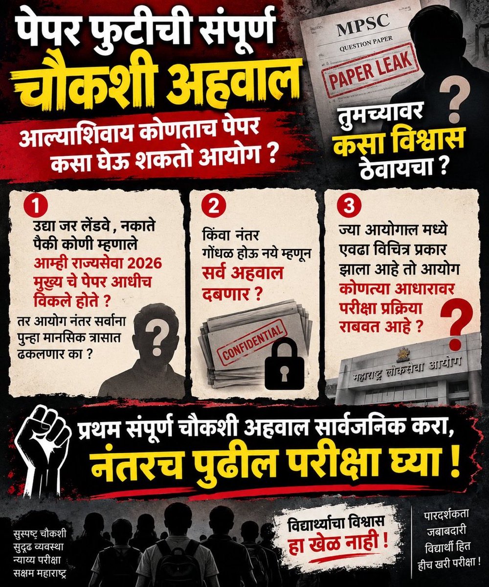 ShriPatilc6f's tweet photo. @AbhiPawarBJP आ.मुख्यमंत्र्यानी, बहुतेक सर्व demands मान्य केल्या आहेत. मग फ़क़्त MPSC Mains 2026 ची demand (paper reset करण्यात यावे, २०२५ Mains बद्दल स्पष्टता येपर्यंत postpone करण्यात यावे) कड़े का दुर्लक्ष केल जात अहे?
time खुप कमी आहे… लवकर निर्णय घ्यावा https://t.co/2AhspF1fPm