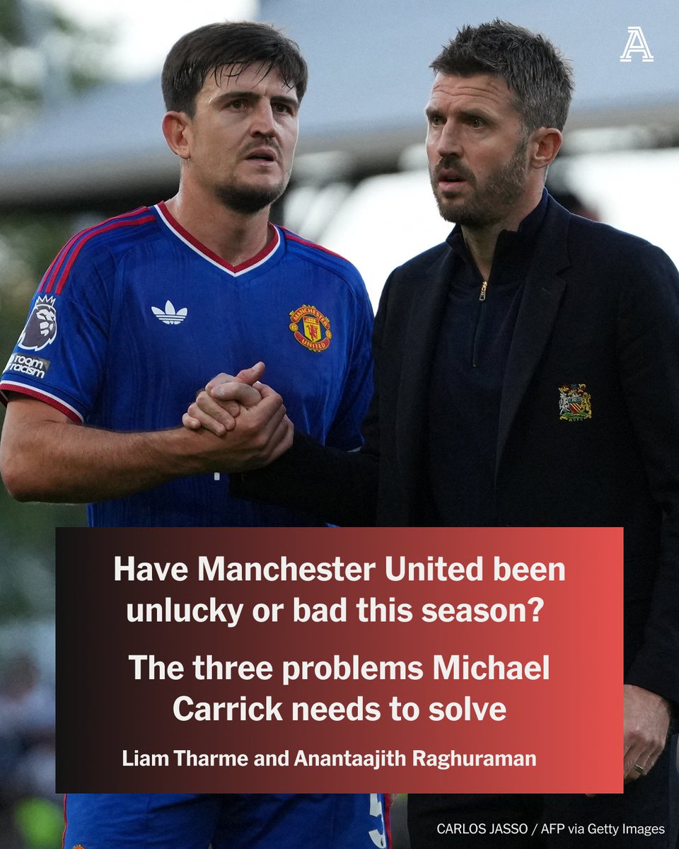 TheAthleticFC's tweet photo. Manchester United this season. Good, bad or unlucky?

As with most teams, it's a bit of each but with Michael Carrick's team having picked up only five points from their opening five games, there are three key issues he needs to fix:

🔴 Back post defending and giving opponents high-quality chances
🔴 Deciding what sort of out-of possession approach to take
🔴 And taking too many-low value shots, Bruno Fernandes included 

@LiamTharmeCoach and @Anantaajith analyse the situation at Old Trafford — free to read ⬇️

🔗 https://t.co/MxBJE8FlQd