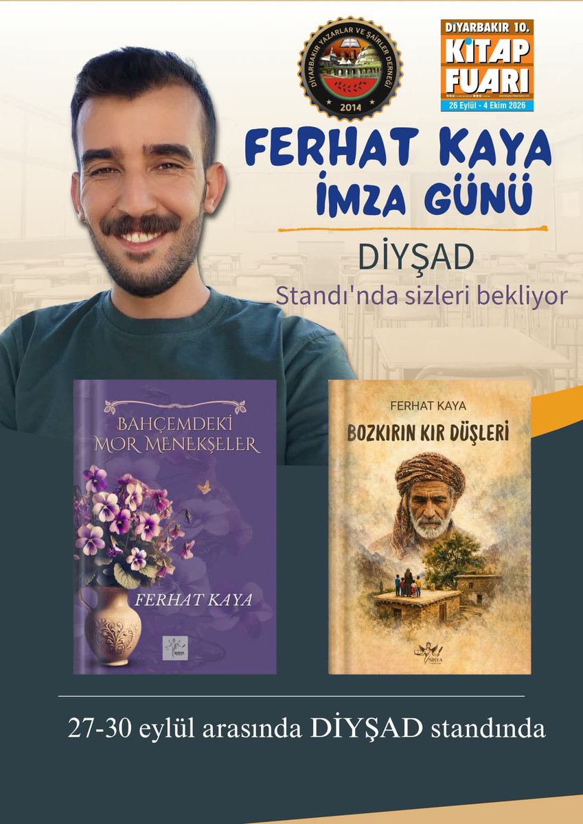 DiysadD's tweet photo. 26 Eylül‘de başlayacak olan Diyarbakır Tüyap kitap fuarında kalemi birbirinden kavi yazar ve şairlerimizle katılım sağlayacağız 📒

#diyarbakırkitapfuarı
#diyşad https://t.co/HlM9U1cYYM