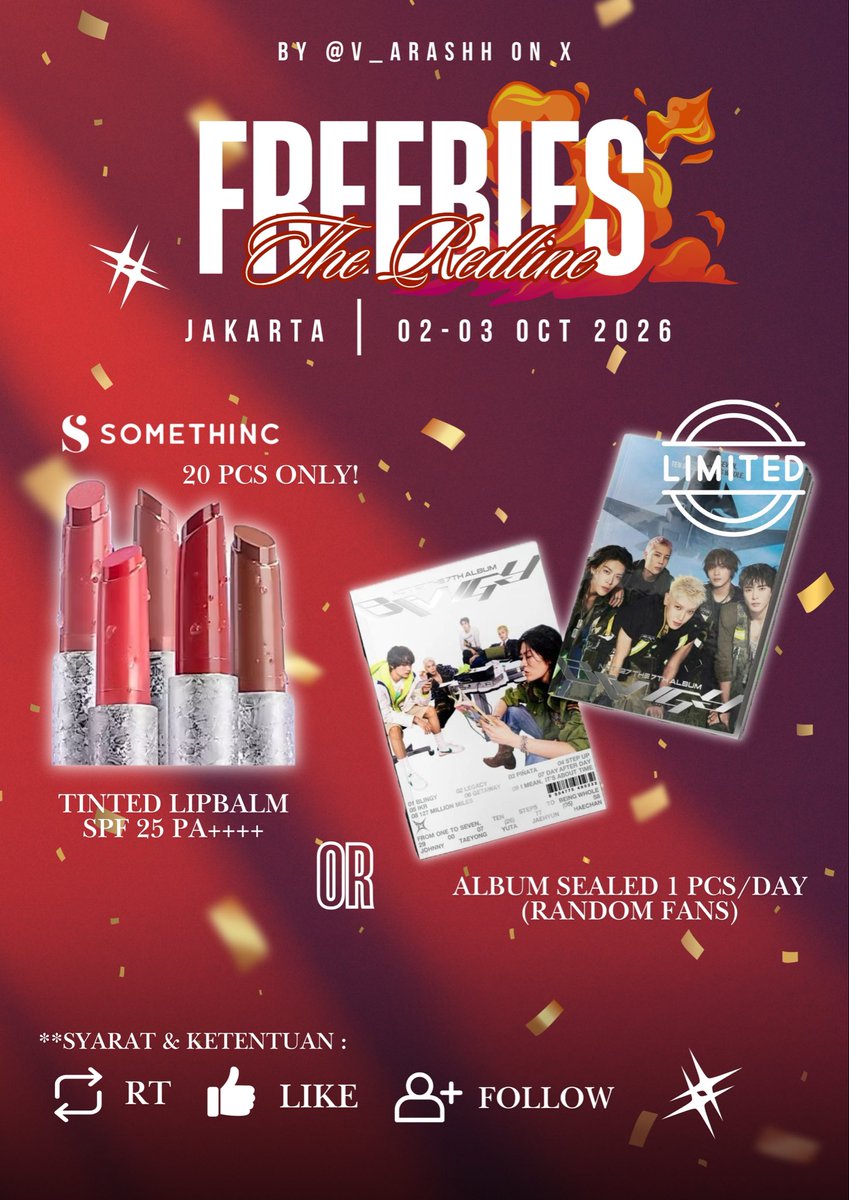 V_Arashh's tweet photo. THE REDLINE IN JAKARTA 
FREEBIES BY @V_Arashh
Don’t forget to LIKE &amp; RT this post and stay tuned for more details about the freebies! 🫰See you at THE REDLINE in JAKARTA! ❤️ #NCT127_5TH_NEOCITY_THE_REDLINE
#THEREDLINEinJAKARTA https://t.co/zotsTKpHCm