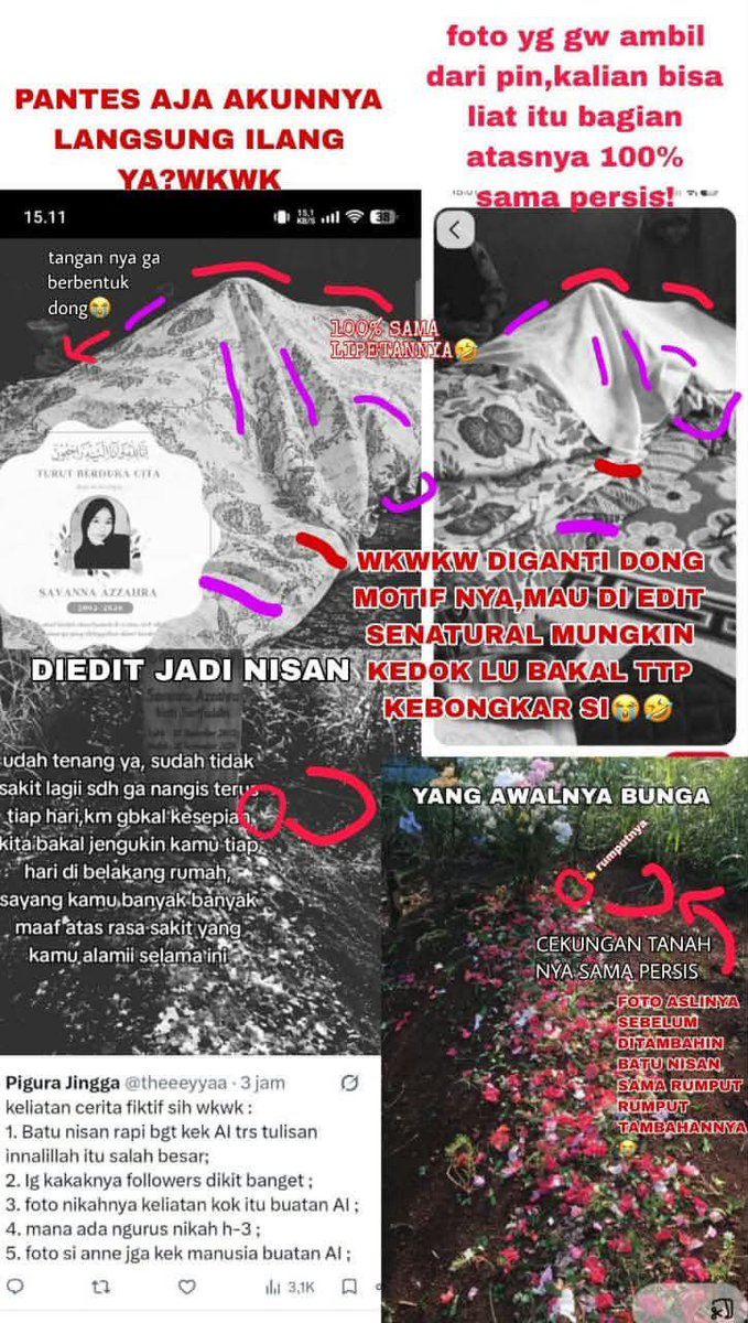 itszweedy's tweet photo. Barusan lewat di threads aku, katanya semua AI, ceritanya ga bener. Dari foto makam, nikahan juga ambil dr orang lain terus di edit pake AI 🥲

Ini kalo beneran ngibul, kok ya orang ada banget energi bikin cerita kaya begini 🥲 https://t.co/vomiB9kio6