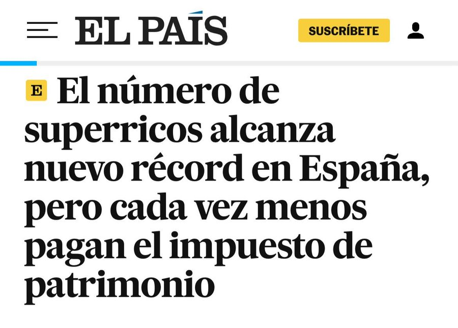 JulenBollain's tweet photo. Nuevo récord de grandes fortunas con más de 30 millones de euros en España. Sin embargo, gracias al PP y a sus bonificaciones para ricos, cada vez pagan menos impuestos.

Solo el 27% tributa por impuesto sobre patrimonio.

Esto es lo que rompe un país. Que los ricos no paguen. https://t.co/twJ5nTnHGS
