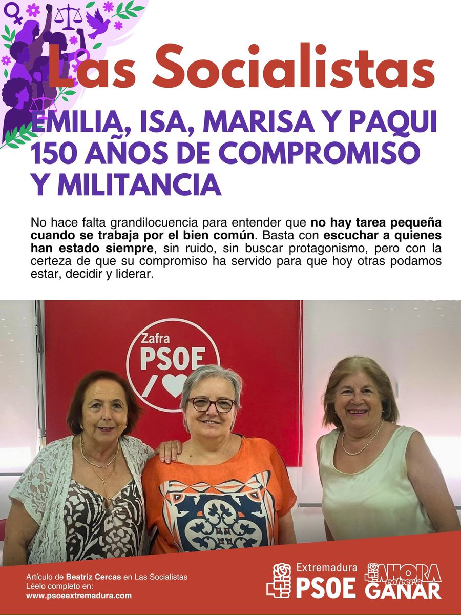 psoeex's tweet photo. ❤️Hoy reconocemos la memoria viva de Emilia, Isa, Marisa y Paqui, que llevan décadas haciendo partido desde la cercanía, desde el pueblo, desde la convicción de que la política se hace con los pies en el suelo.

🗞️ Por Beatriz Cercas y Eva Arenales: https://t.co/MnPrYV2tuI https://t.co/b0WwUS9A61