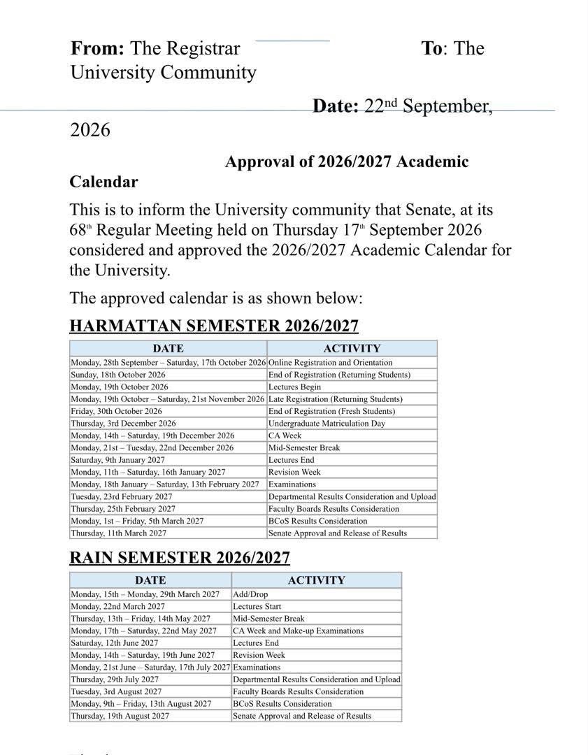 Tosaino_01's tweet photo. Approval Kwasu Academic calendar 2026/2027 https://t.co/7cT4UguCdt