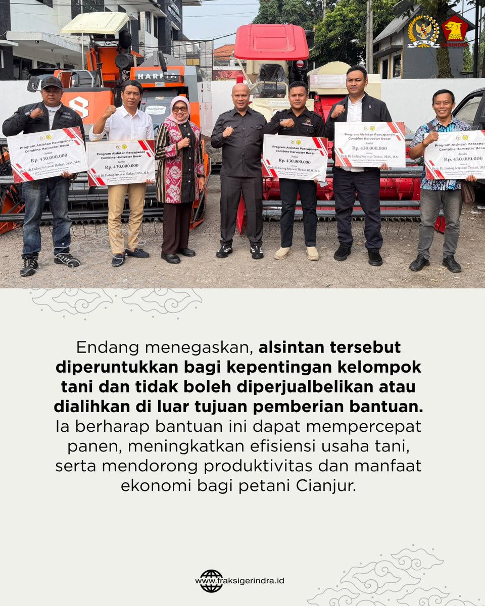 Fraksi_Gerindra's tweet photo. Anggota Komisi IV DPR RI Endang Setyawati Thohari menyalurkan bantuan alat dan mesin pertanian (alsintan) berupa combine harvester senilai sekitar Rp2,15 miliar kepada lima kelompok tani di Kabupaten Cianjur. https://t.co/Ew8JCm2yJB