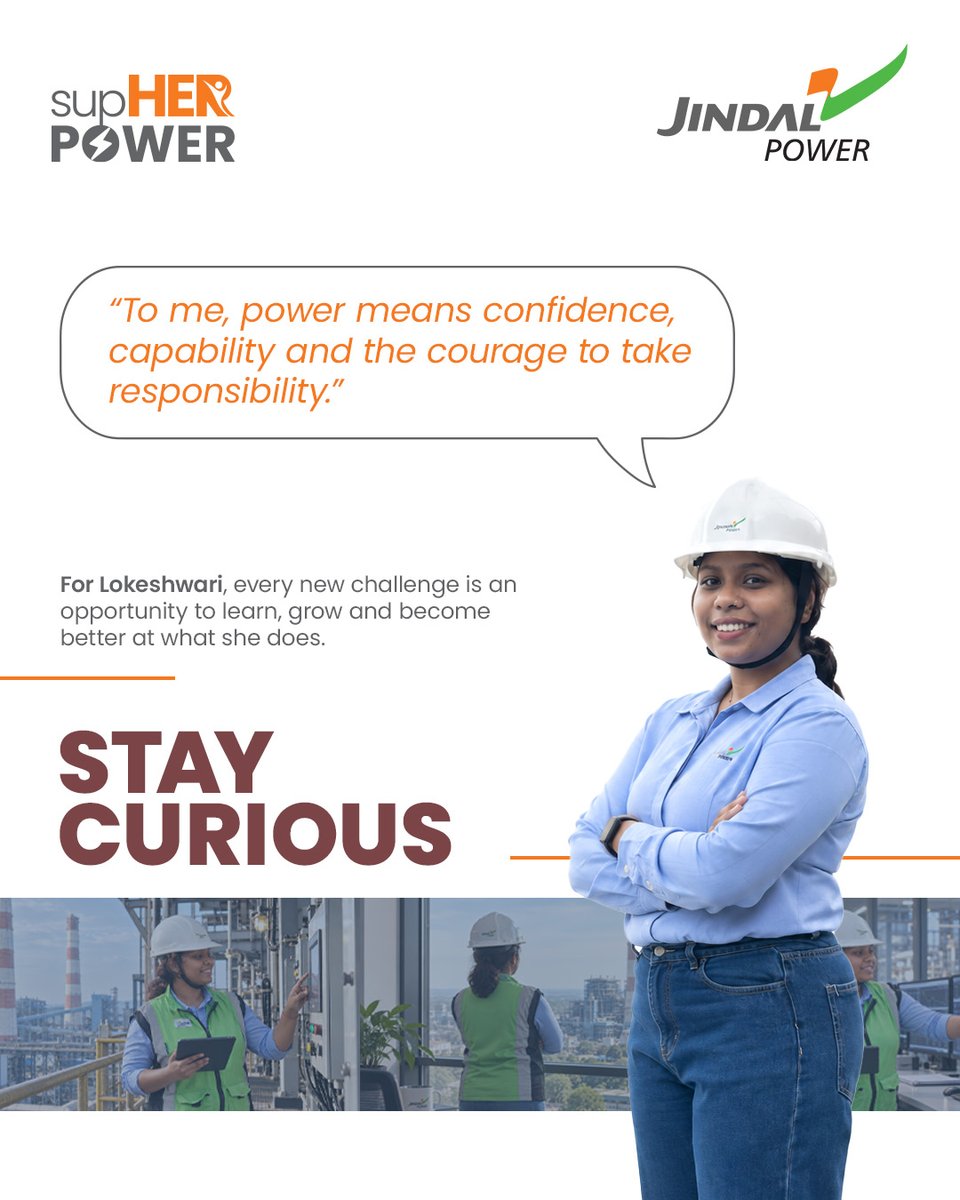 JindalPower_In's tweet photo. Curiosity fuels her. Confidence drives her. Purpose powers her.
Meet Lokeshwari Urwasha, one of the women powering progress at Jindal Power.

#SupHERPower #JindalPower #WomenInPower https://t.co/Id0yZuBSll