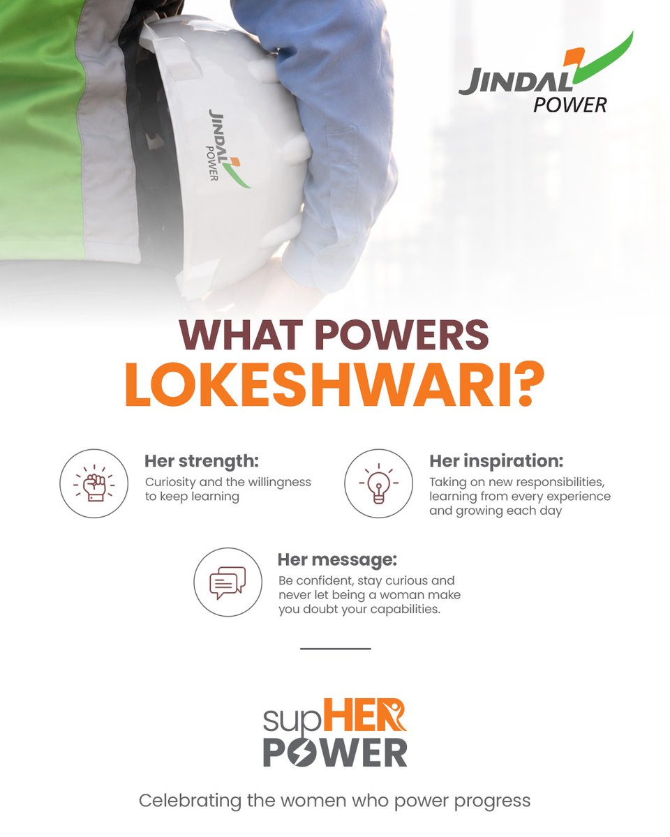 JindalPower_In's tweet photo. Curiosity fuels her. Confidence drives her. Purpose powers her.
Meet Lokeshwari Urwasha, one of the women powering progress at Jindal Power.

#SupHERPower #JindalPower #WomenInPower https://t.co/Id0yZuBSll