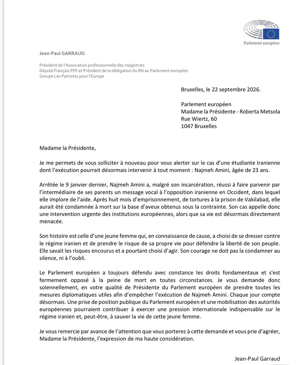 JPGarraud's tweet photo. ⚠️ Condamnée à mort en Iran, Najmeh Amini est aujourd’hui en danger imminent.

Retrouvez le courrier que j’ai adressé à la présidente du Parlement européen pour l’alerter sur son cas et demander une réaction urgente. 👇🏻 https://t.co/52URJKy6I1