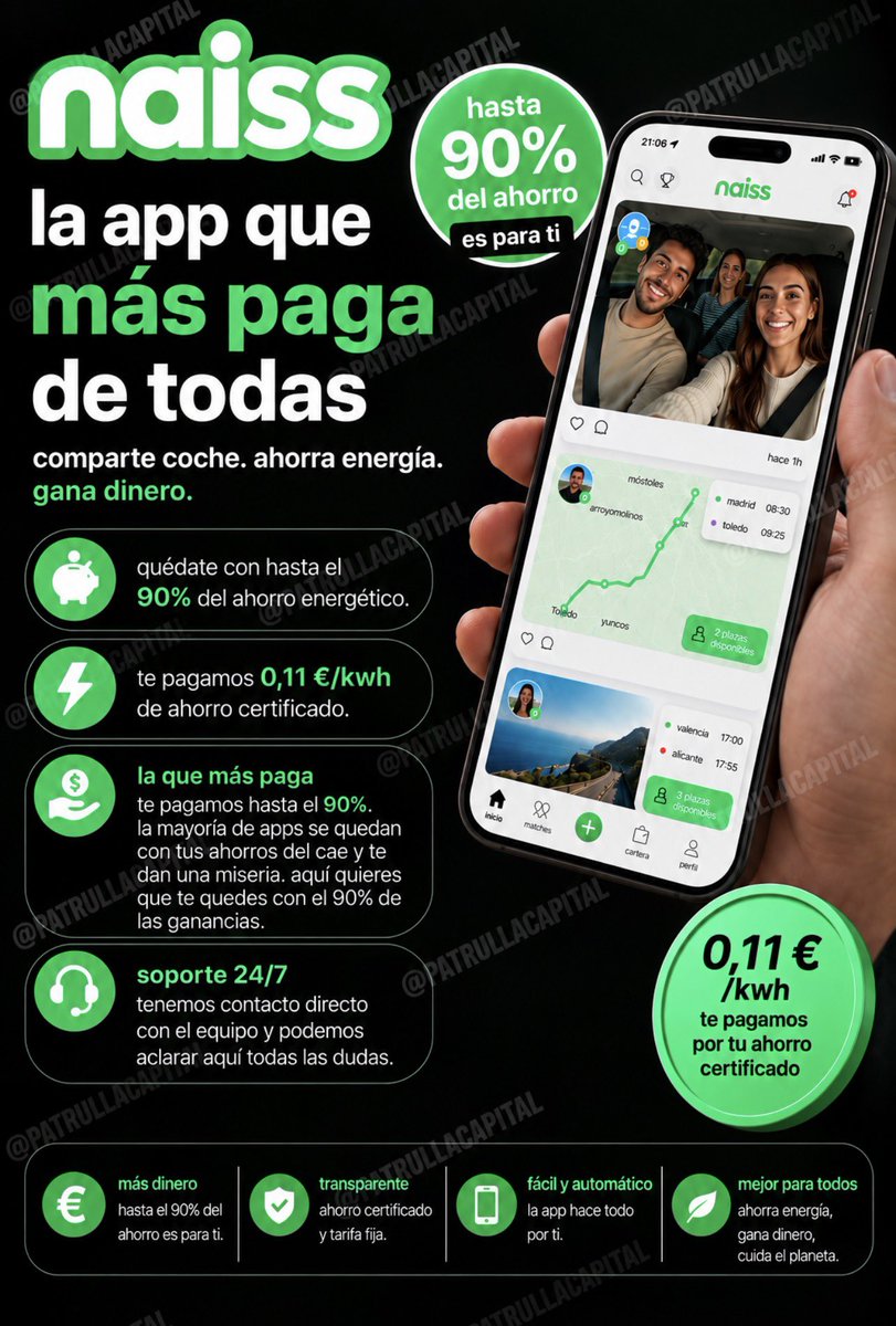 PatrullaCapital's tweet photo. 🚨A TOMAR POR CULO!🤯

Olvídate de Waiss, Ciglogreem, Tribbu,…

👀 NAISS HA LLEGADO Y SE VA A COMER A TODAS. 👑 

🟢 90% del viaje generado nos lo llevamos nosotros🤯

🔥HASTA 0,11 kwh por ahorro certificado. 
O lo que es lo mismo hasta 0,075 €/km

Descárgala en Google play o Apple Store Usa mi código 🔥6VYF2U🔥 y empieza ganando!

🤫 Llevo semanas usándola en secreto por eso no he recomendado WAISS hasta CONFIRMAR los hechos y ya os lo puedo contar todo porque hay tela😅💪 

Y responder todas vuestras dudas en comentarios!
👇🏻