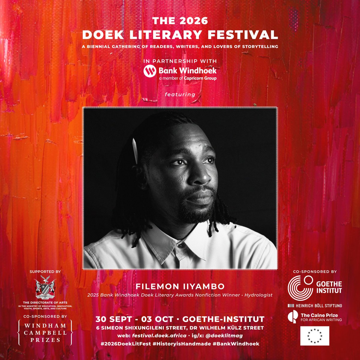 Filemon_Fly's tweet photo. I will be hosting a literary discussion at the 2026 Doek literary Festival. 

Program: https://t.co/B0doeDVLfd

Date: Wednesday, September 30th 2026

Venue: Goethe-Institut Namibia

Admission: Free of charge for all events https://t.co/kfZnHGbVmx