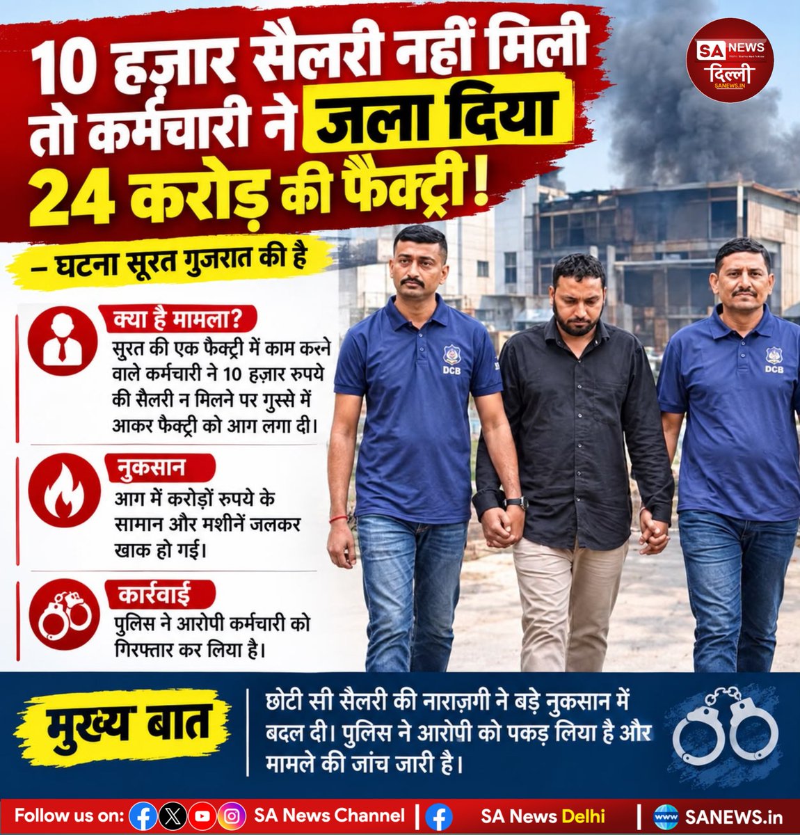 sanewsdelhi's tweet photo. 🔥 सिर्फ ₹10 हजार की सैलरी के विवाद में लगी फैक्ट्री में आग!
सूरत में पूर्व कर्मचारी पर आग लगाने का आरोप, करीब ₹24 करोड़ के नुकसान की बात सामने आई। पुलिस ने आरोपी को गिरफ्तार कर लिया है।

#Surat #FireIncident #BreakingNews #ViralNews https://t.co/5djz2sBrfi