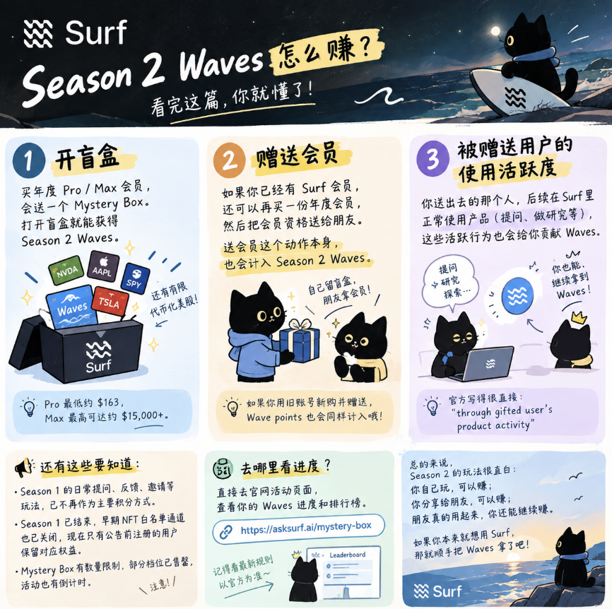 fantaixi0896's tweet photo. Surf Season 2 到底怎么玩？
最近看到不少人在问 Waves 怎么赚，我把目前官方明确的规则简单整理一下。

Season 1 已经在 9 月 17 日左右结束，现在正式进入 Season 2。

和第一季相比，第二季的积分方式其实简单了很多，目前官方明确提到的主要就是 3 种：

1️⃣ 开盲盒

购买 Surf 年度 Pro / Max 会员，会获得一个 Mystery Box。

打开盲盒，就可以获得 Season 2 Waves。

更有意思的是，这个盲盒本身也不是空的，里面是代币化美股，比如 NVDA、AAPL、SPY、TSLA 等。

所以现在买会员不只是拿会员本身，还多了一个“开盒 + 积分”的玩法。

2️⃣ 赠送会员

如果你本身已经有 Surf 会员，还可以再购买一份年度会员，然后把会员资格送给朋友。

这个“赠送”行为本身，就会计入 Season 2 Waves。

也就是说，不一定非要自己再用一个账号。

如果身边刚好有朋友也想体验 Surf，这种方式其实挺自然的：
自己拿盲盒，朋友拿会员，双方都有东西。

3️⃣ 你送出去的人越活跃，你还能继续获得 Waves
这个是我觉得 Season 2 比较有意思的一点。

官方明确写了：

“through gifted user's product activity”

简单说就是，你把会员送给别人之后，如果对方正常使用 Surf，比如提问、做研究、使用产品，这些活跃行为也会给你贡献 Waves。

所以第二季的逻辑其实很清楚：

开盒 → 得 Waves
送会员 → 得 Waves
被赠送的人持续使用 Surf → 继续得 Waves

至于具体能拿多少，目前还是要以官方实际规则和排行榜数据为准。

另外，Season 1 那些日常提问、反馈、邀请奖励等机制，目前并没有被官方作为 Season 2 的主要积分方式重新强调。
所以如果你现在才开始关注 Surf，没必要一直按照 Season 1 的玩法去猜。
Season 2 的核心，就是 Mystery Box + Gift + Product Activity。

而且 Season 1 已经结束，早期 NFT 白名单相关入口也随之关闭了，之前已经获得资格的人才保留对应权益。

目前盲盒本身也有数量限制，部分档位已经出现售罄，所以如果想参与 Season 2，最好还是直接看官方最新规则。

我个人觉得这次 Season 2 的玩法比第一季更容易理解。

不需要天天琢磨“到底做什么才算有效贡献”，现在路径基本摆在明面上：

买会员 → 开盒 → 拿 Waves
或者 → 送会员 → 拿 Waves
再或者 → 让被赠送的人真正用起来 → 继续积累 Waves

最后到底能换来什么，现在还不能提前下结论。

但如果本身就准备长期用 Surf，那么 Season 2 至少让“使用产品”和“社区积分”之间的关系变得更直接了。

具体 Waves 排名和进度，可以直接去官方活动页面查看。
@SurfAI
@Surfdeveloper
@Syu990
@ryanli