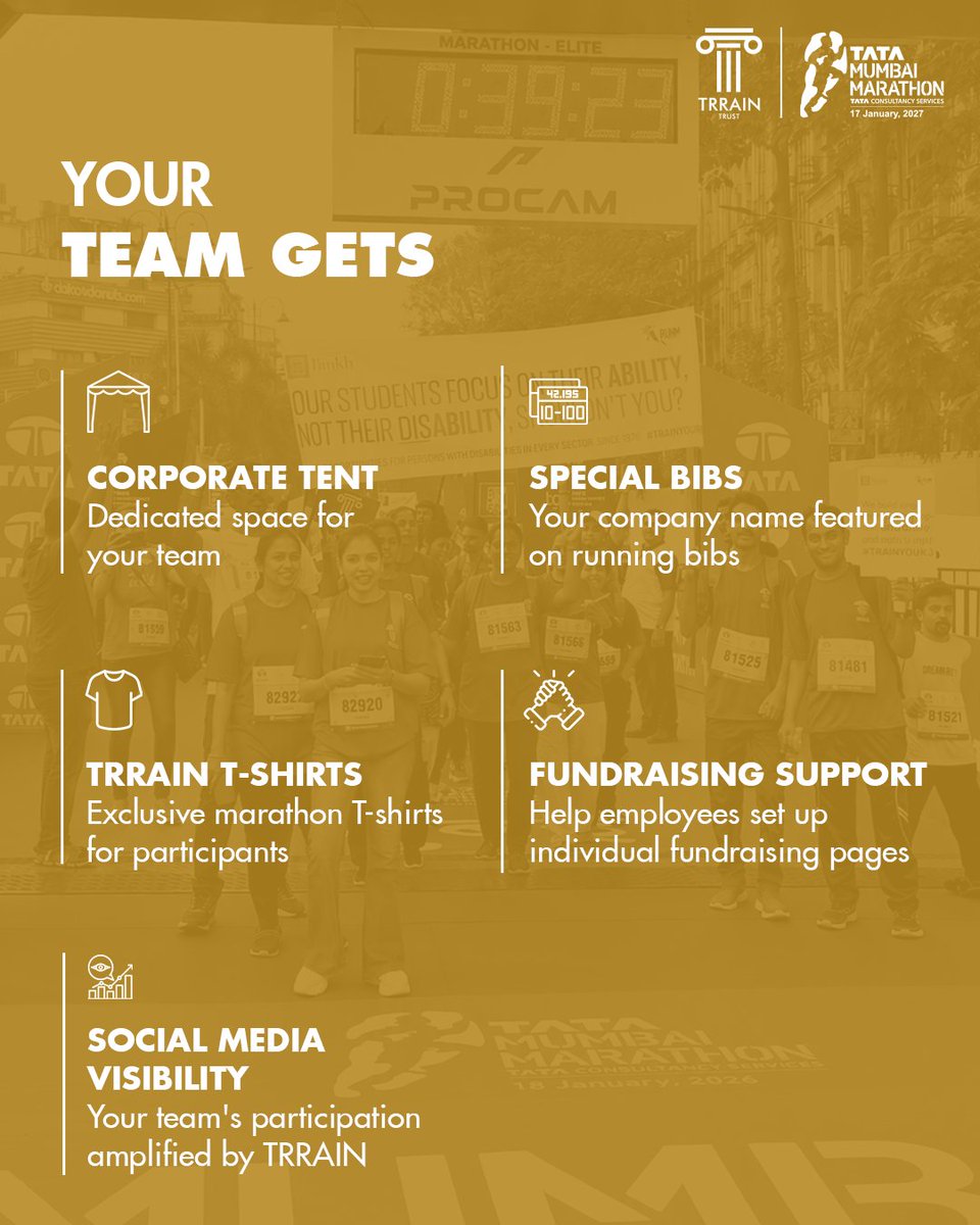 TRRAINindia's tweet photo. Run beyond the finish line at the @tatamummarathon 2027 with TRRAIN. 🏃‍♀️

Bring your teams together and run for skills, employment &amp; livelihood opportunities for Persons with Disabilities.

📍 Mumbai | 17 Jan 2027
Corporate registrations close: 6 Oct 2026 https://t.co/dYNm3mlzAP