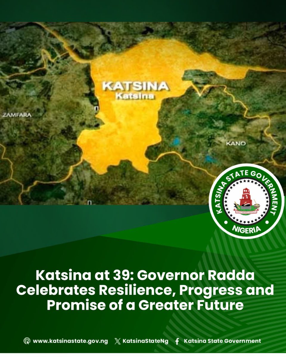 dikko_radda's tweet photo. Celebrating Katsina State at 39

Today marks another important day in our history as I join the good people of Katsina State, at home and across the world, to celebrate 39 years of the creation of our dear state.

Since September 23, 1987, Katsina has continued to grow through the resilience, enterprise and determination of its people. Our state has produced remarkable leaders, scholars, entrepreneurs, farmers, professionals and citizens whose contributions continue to shape our communities and Nigeria at large.

As a government, we remain committed to building on this rich heritage by investing in human capital, education, healthcare, agriculture, infrastructure, security, economic empowerment and opportunities for our young people and women.

Our journey is not without challenges, but our collective strength, faith and commitment to a better Katsina give us every reason to remain hopeful about the future.

On this 39th anniversary, I celebrate every Katsina citizen and thank you for your continued support and prayers. We will continue to build a Katsina where every citizen has the opportunity to thrive and contribute meaningfully to our development.

Happy 39th Anniversary, Katsina State!

May Allah continue to bless Katsina State and its people, and grant us the wisdom and strength to build an even greater future.