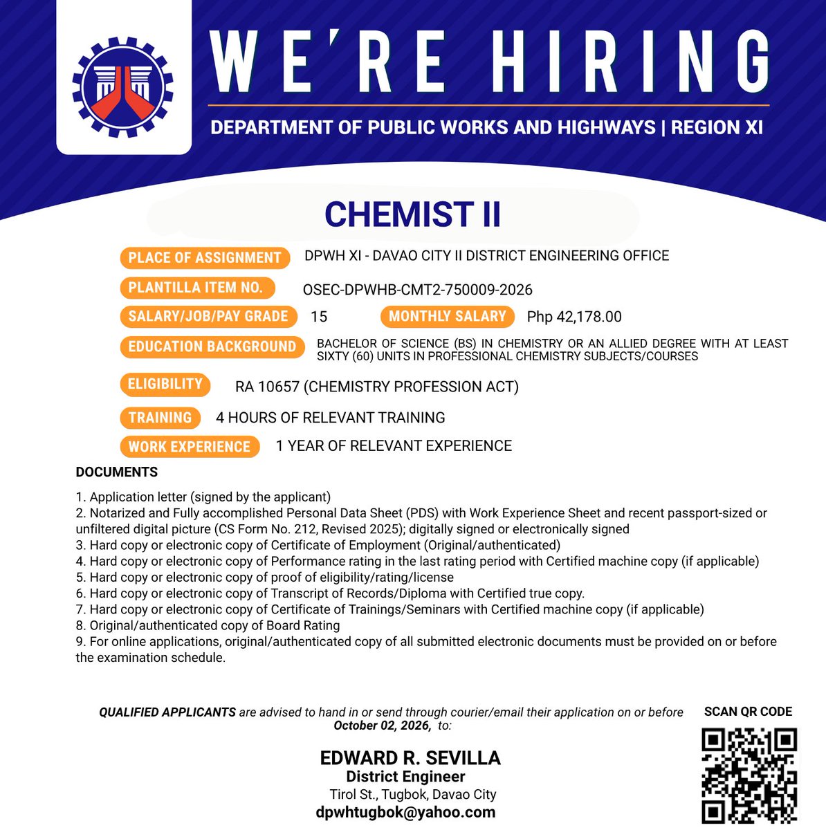 DPWH_R11's tweet photo. 𝐖𝐄 𝐀𝐑𝐄 𝐇𝐈𝐑𝐈𝐍𝐆!

The Department of Public Works and Highways - Region XI is seeking qualified candidates for Chemist II under the DPWH XI - Davao City II District Engineering Office.

For more details, please refer to the photo below and scan the QR code. https://t.co/Jkyqq34MC9