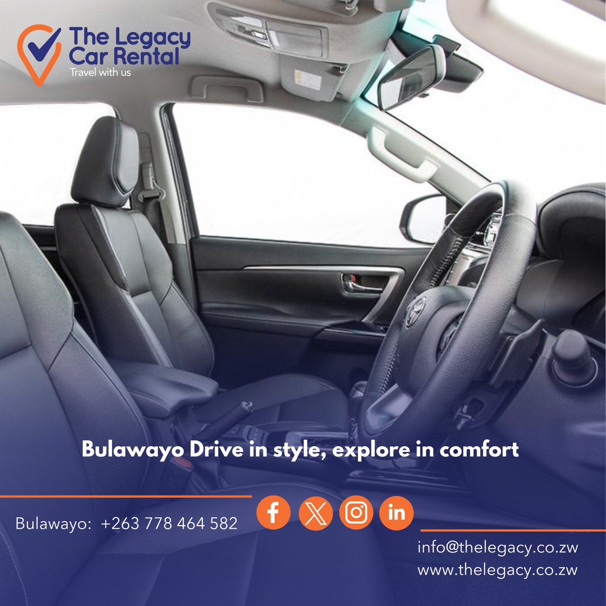 legacy_rental's tweet photo. The best car rental in Bulawayo. Come hire your vehicle today!
Call or WhatsApp our team right now on 0777 239391 or 0778 464582 to book your ride!
#carrentalservice #Bulawayo #TravelWithUs #CityofKings #rentacar #booknow https://t.co/qfaRSR1xqY