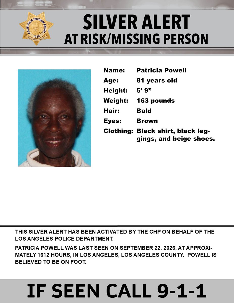 CHPAlerts's tweet photo. SILVER ALERT - Los Angeles County
Last seen: W. 27th Street and Edgehill Drive, Los Angeles
@LAPDHQ

IF SEEN, CALL 9-1-1 https://t.co/sS3iKaMQxQ