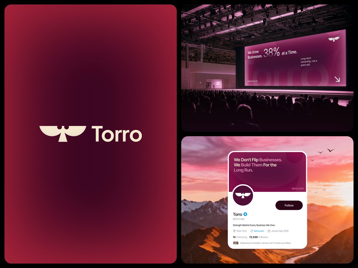 recentcraft's tweet photo. randing Torro — a private holding company built on long-term ownership.  "We Don't Flip Businesses. We Build Them."  Logo, visual system, and brand applications below https://t.co/1KZojlmFqf