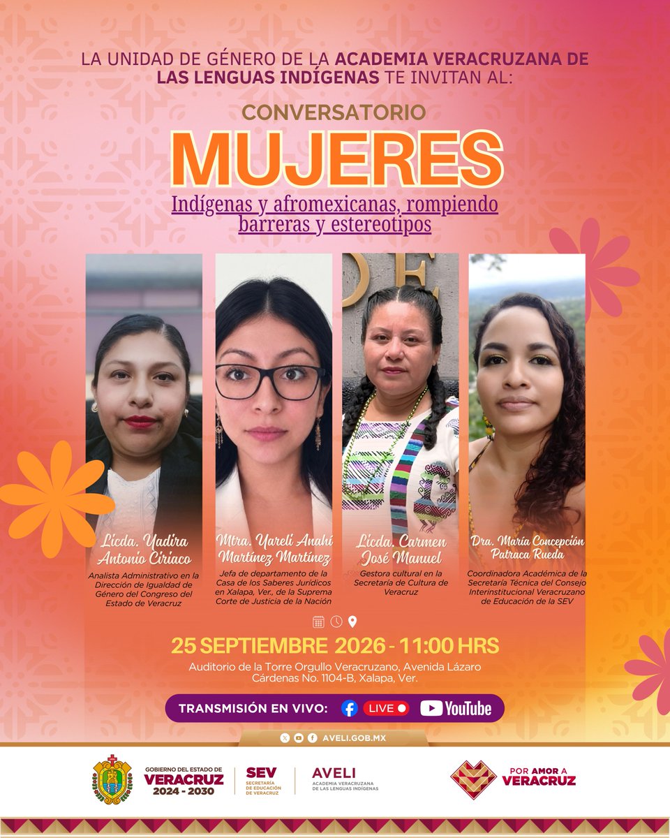 AVELIgobmx's tweet photo. En el marco del #DíaNaranja🟠 la Unidad de Género👩 de la @AVELIgobmx te invitan al:

🗣Conversatorio: "Mujeres indígenas y afromexicanas, rompiendo barreras y estereotipos"

📅 25 de septiembre 2026
🕓 11:00 horas
📍Avenida Lázaro Cárdenas No. 1104-B, Xalapa, Ver
🔴 En vivo https://t.co/vHxGQeqHUR