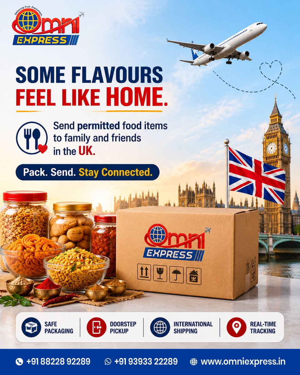 OmniExpressIND's tweet photo. Send a taste of home to your loved ones in the UK 🇬🇧
Pack your favourite permitted foods and ship them safely and reliably. Stay connected across borders with every parcel

📞 Call: +91 88228 92289
🌐 https://t.co/pTeH6QMg63

#OmniExpress #InternationalShipping #UKShipping https://t.co/r2BKQhxPO0