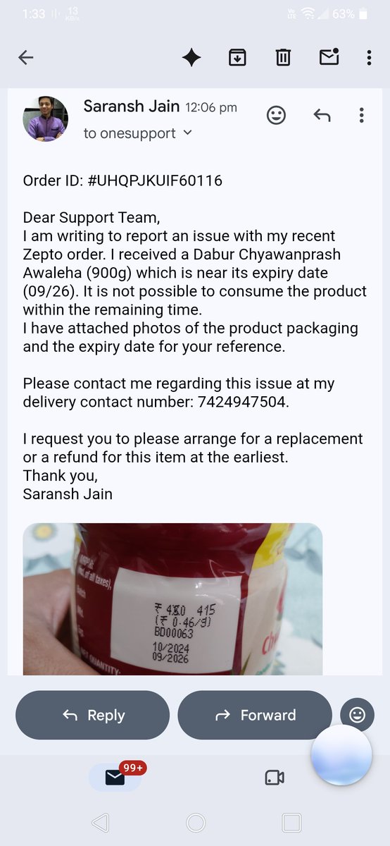 Saransh7715's tweet photo. @ZeptoNow @zeptocares
#UHQPJKUIF60116 had Chyawanprash expiring 09/2026. You call this your “quality standard.” I even visited the store and found the same near-expiry batch stocked there. Is this really Zepto’s quality standard? Please take this issue seriously and resolve it. https://t.co/iFPlw3KQRz