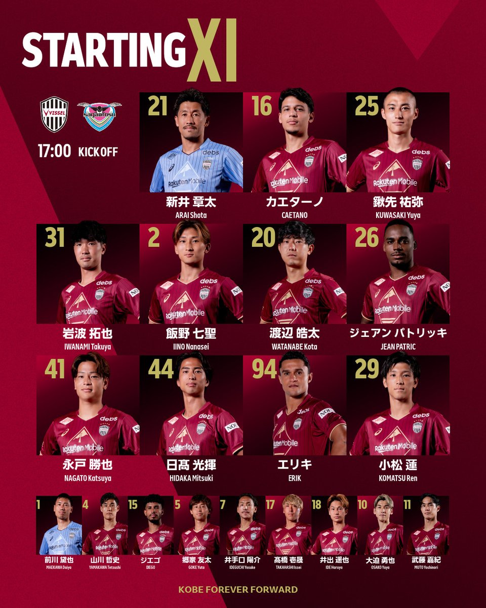 visselkobe's tweet photo. [LINEUP] 

今日はこのメンバーでサガン鳥栖と戦います！

Here is today's starting lineup against SAGAN TOSU !

試合速報は公式アプリで
⏩https://t.co/27xkpgMiQl

#visselkobe #ヴィッセル神戸 #天皇杯 https://t.co/l5G8rRtsf1