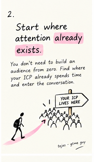 plainpen's tweet photo. 2. Start where attention already exists.
One of the most important distribution principles: don't manufacture attention when your ICP is already congregating somewhere. https://t.co/IdLQ2rZC9p