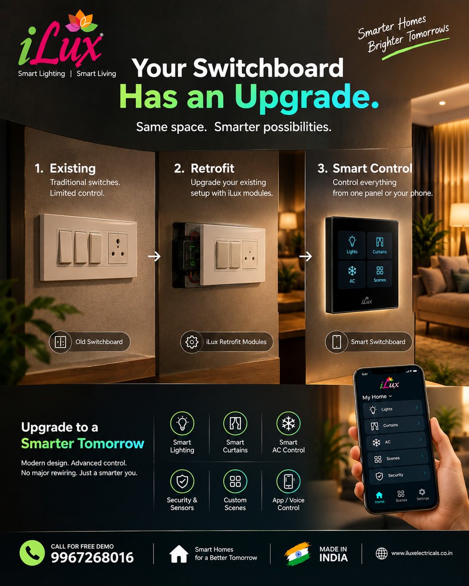 ElectricalsIlux's tweet photo. 🏠 Your Switchboard Has an Upgrade.
Existing switches → iLux Retrofit → Smart Control ⚡
💡 Lighting | 🪟 Curtains | ❄️ AC | 🔐 Security | 📱 App & Voice
Same Switches. Smarter Possibilities.
📲 +91 88796 11370
#iLux #SmartHome #HomeAutomation #RetrofitAutomation https://t.co/C2hSyNVET2