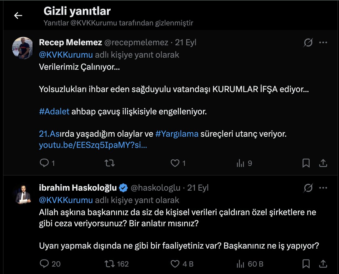 haskologlu's tweet photo. Kişisel Verileri Koruma Kurumu, sorduğum soru ve eleştirileri Twitter'dan gizlemiş.

Sorduğum hiçbir soruya da cevap vermediler. Türkiye'de kişisel veriler nasıl korunuyor, işte size cevabı... Rezillik. 

Buranın başındaki şahıs da beni engellemişti. Vatandaşın her gün verisinin çalındığı ülkede, bunu koruması gereken Devlet kurumunun davranış şekli bu.

Umarım ileride burayı yönetenler de yargılanır. Sorumsuzlar.