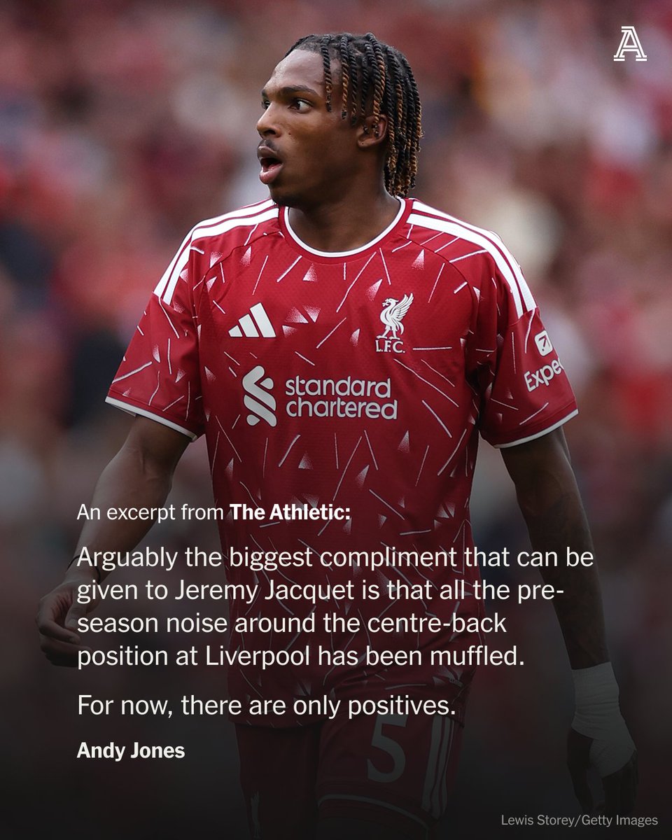 TheAthleticFC's tweet photo. Jeremy Jacquet's start to life in English football has been remarkable.

🔴 Duel success rate of 76.3 per cent in the Premier League
🔴 Aerial success rate of 76.9 per cent
🔴 Fifty-seven passes into final third — 76 linebreaking passes

@adjones_journo looks at how the young Frenchman has hit the ground running at Liverpool.

🔗 https://t.co/ACYAF0GVy2