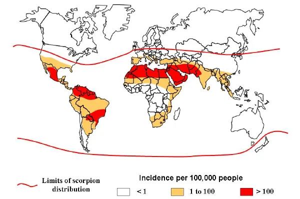 theiaincameron's tweet photo. Here is the worldwide range of scorpions. As you can see, they prefer warmer climes.

Where, then, do you suppose the northernmost population of wild scorpions lives? Before today I'd have said Italy or the southern tip of France.

I would have been very wrong indeed.

1/n https://t.co/FWX3xXK78T