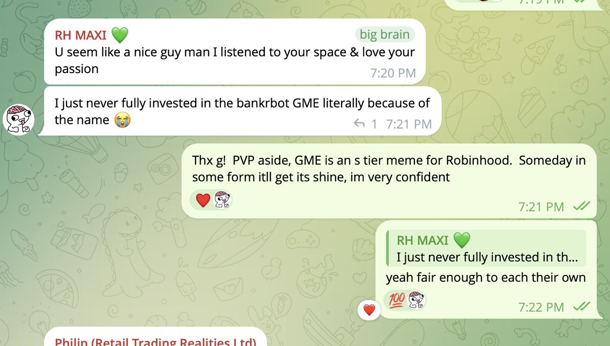 bobthebuildaaa's tweet photo. This is such a weak fud attempt.

Look at my thesis on +++++ (attached screenshot), I literally aped at 30k cuz I knew it would go (and not because of me), and told anyone who aped to rotate all profits into the one true $GME runner.  Got 250 likes on this and drove tons of volume into Robinhood $GME immediately.

Also how can you say I'm leading followers astray when this coin proceeded to do an organic 100x+ after my buys?  That was objectively a good ping.  Any GME holder who aped this on my ping ate massively and had extra funds to double down on their conviction, while I HELD the bag, roundtripping over 70k in profit from a $600 buy.

Not only do I not wish any harm on you guys, I have actually deliberately gone into YOUR community's telegram to make peace (also attached screenshot).  Have you seen an ounce of fud coming from me towards yall?  This is a bad look for you tbh as top holder.  Just stay in your lane. 

I personally will stand with our coin as we created this entire stock-paired meta, have the largest online GameStop presence since Roaring Kitty was around, and have built tech around this project that no other project has ever done.

But with that being said, I will NEVER wish for anyone's downfall... yes even you guys.  I just want holders to make informed decisions and for community, bagworking, and longterm conviction to return.  I feel as though my community have become a family... a true cult, and I feel blessed to be a part of that.