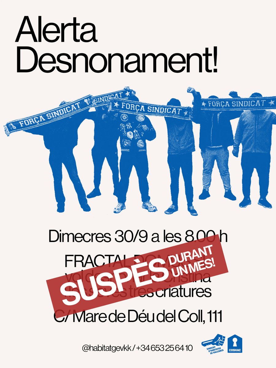 HabitatgeVKK's tweet photo. ✊ Desnonament suspès durant un mes! 
💙 Gràcies a l'acompanyament del Sindicat, hem aconseguit aturar el primer llançament a jutjats. Esteu atentes a convocatòries: la Cristina i les seves filles necessiten una solució! https://t.co/BHgyiDywkN