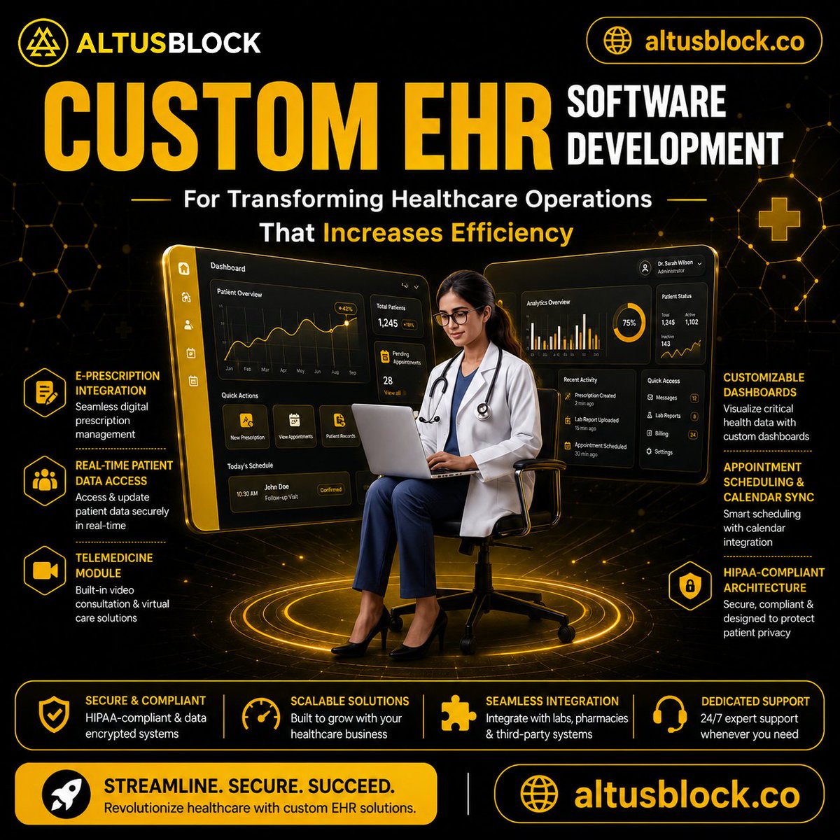 altusblock's tweet photo. 🏥 CUSTOM EHR SOFTWARE DEVELOPMENT

🩺 TRANSFORM HEALTHCARE OPERATIONS WITH CUSTOM EHR SOFTWARE! 💻🏥

Healthcare organizations need technology that can connect information, simplify workflows and provide secure access to critical data.

Altus Block develops custom Electronic Health Record (EHR) software designed around the operational needs of healthcare businesses and organizations.

📋 Build powerful healthcare workflows with:

📝 E-prescription integration
👨‍⚕️ Patient record management
📊 Custom healthcare dashboards
📅 Appointment scheduling
📹 Telemedicine functionality
🔐 Secure data architecture
🧪 Lab & third-party integrations
📈 Reporting & analytics
👥 Role-based access
💻 Web-based healthcare applications

Create a centralized digital environment that helps healthcare teams manage information and workflows more efficiently.

Every organization has different requirements, so our solutions can be customized around your processes, integrations and business objectives.

💡 Better workflows. Smarter technology. More connected healthcare.

🌐 Visit: https://t.co/CXydojTQHW

#Altusblock #EHRSoftware #HealthcareTechnology #HealthTech #SoftwareDevelopment