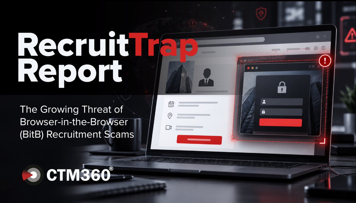 teamCTM360's tweet photo. CTM360's RecruitTrap research uncovered more than 3,000 phishing URLs over two months, impersonating recruiters and hiring processes from more than 50 organizations. 
Read the report here: https://t.co/7NVrZ5YqgZ https://t.co/B1hEfyOBc4
