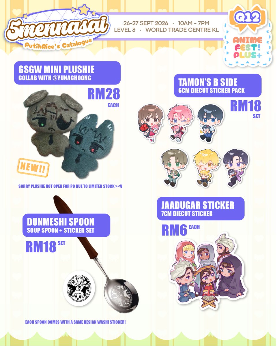 putih_rice's tweet photo. Catalogue #animefestplus
🍙Booth name: Q12 5mennasai
📅26-27 SEPT 2026
📌World Trade Centre KL / PWTC

PLAVE | ALSNT | GSGW | Arknights | WHA | Dunmeshi | Let’s go Karaoke | Jaadugar

📣 Feel free to dm me for PO 

Shares and Likes are greatly appreciated🥰 #animefest

(1/3) https://t.co/uzc3VAVckW