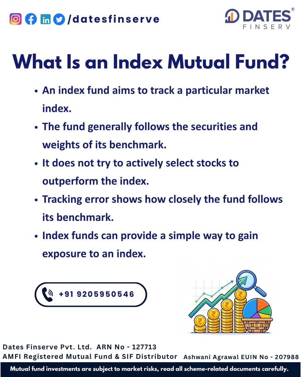 DatesFinserv's tweet photo. Index funds track a market index, not actively pick stocks. Tracking error shows how closely they follow it. #IndexFund #DatesFinserv https://t.co/jWOmBmIXqt