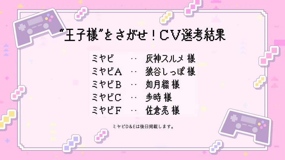 k_kofumin's tweet photo. 【CV結果発表】
短編ボイスドラマ『“王子様”をさがせ！』、男子高校生・ミヤビ役のCVは下記の方々にお願いしたいと思っております！
該当の方で出演OKの場合はこちらのポストに「いいね」をお願いします✨（～9/30）

この度はリポスト・いいね・ブクマ・ご応募いただきありがとうございました👑 https://t.co/iUVKUUL3zJ
